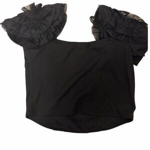 Clover Canyon Black Ruffle Puff Sleeve Top Blouse Sz L MSRP $228